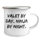 Valet Gifts for Men, Funny Camping Mug from Friends for Graduation, 'Valet By Day. Ninja By Night.' Quote on Stainless Steel with Enamel Finish, 12 oz Capacity - Image 2